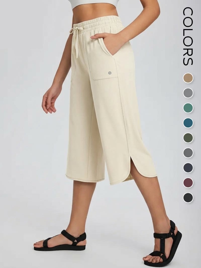 Women's Wide Leg Yoga Capris with Pockets - High Waisted, Quick Dry, UPF 50+