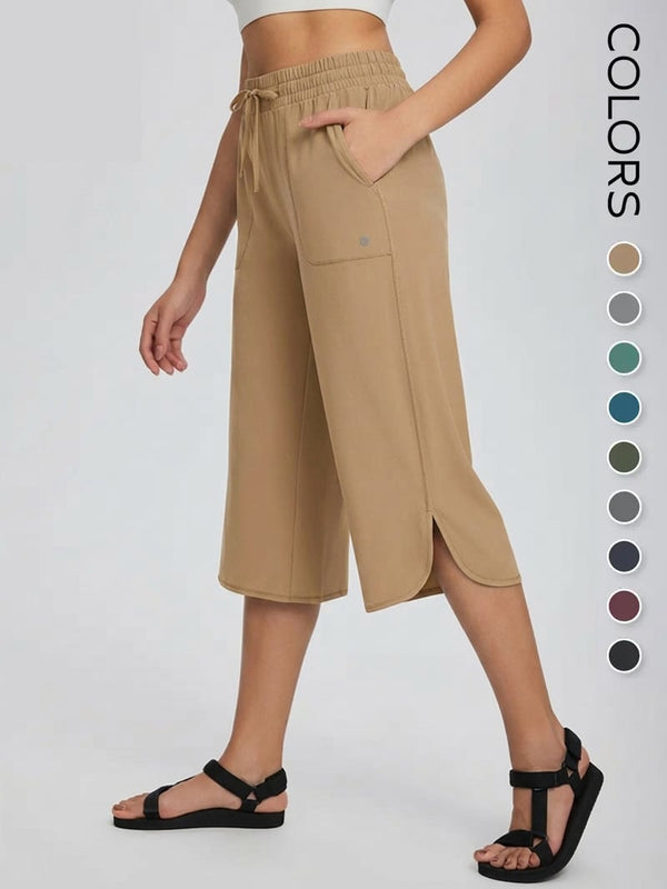 Women's Wide Leg Yoga Capris with Pockets - High Waisted, Quick Dry, UPF 50+