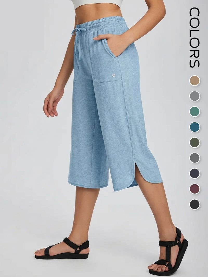 Women's Wide Leg Yoga Capris with Pockets - High Waisted, Quick Dry, UPF 50+