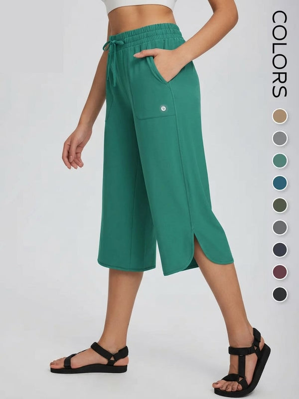 Women's Wide Leg Yoga Capris with Pockets - High Waisted, Quick Dry, UPF 50+